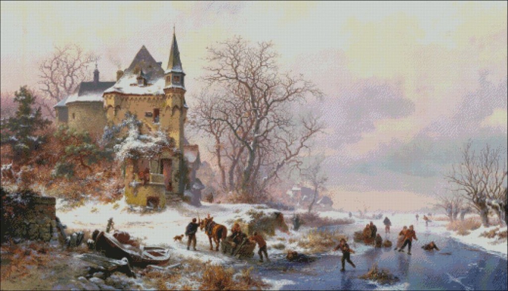 Winter landscape with skaters in front of a castle