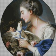 Young woman fastening a letter to the neck of a pigeon – advanced – free patterns, free charts / diagrame gratuite, scheme goblen gratis, modele goblenuri gratis