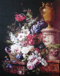 Still life of flowers in a basket with two butterflies, a dragonfly, a fly and a beetle